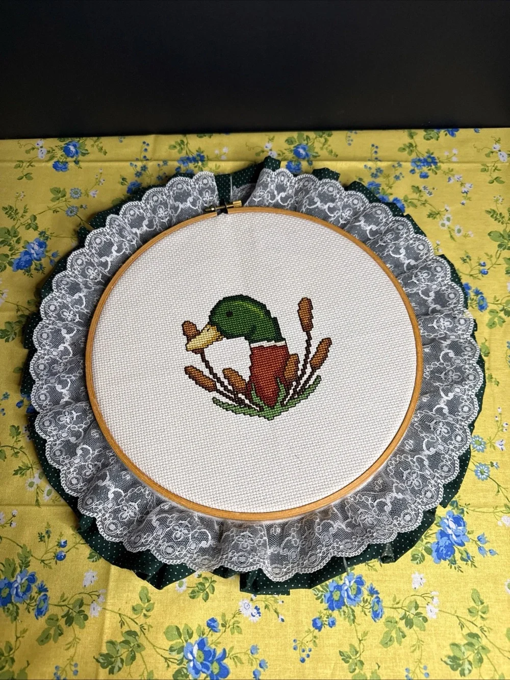 Hand-Embroidered Mallard Duck Cross Stitch Hoop - Green & Brown
